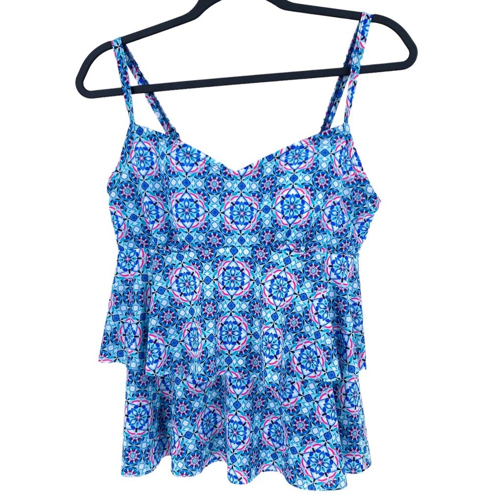 Christina Tankini Womens 10 Blue Pink White Adjustable Built In Shelf Bra Ruffle